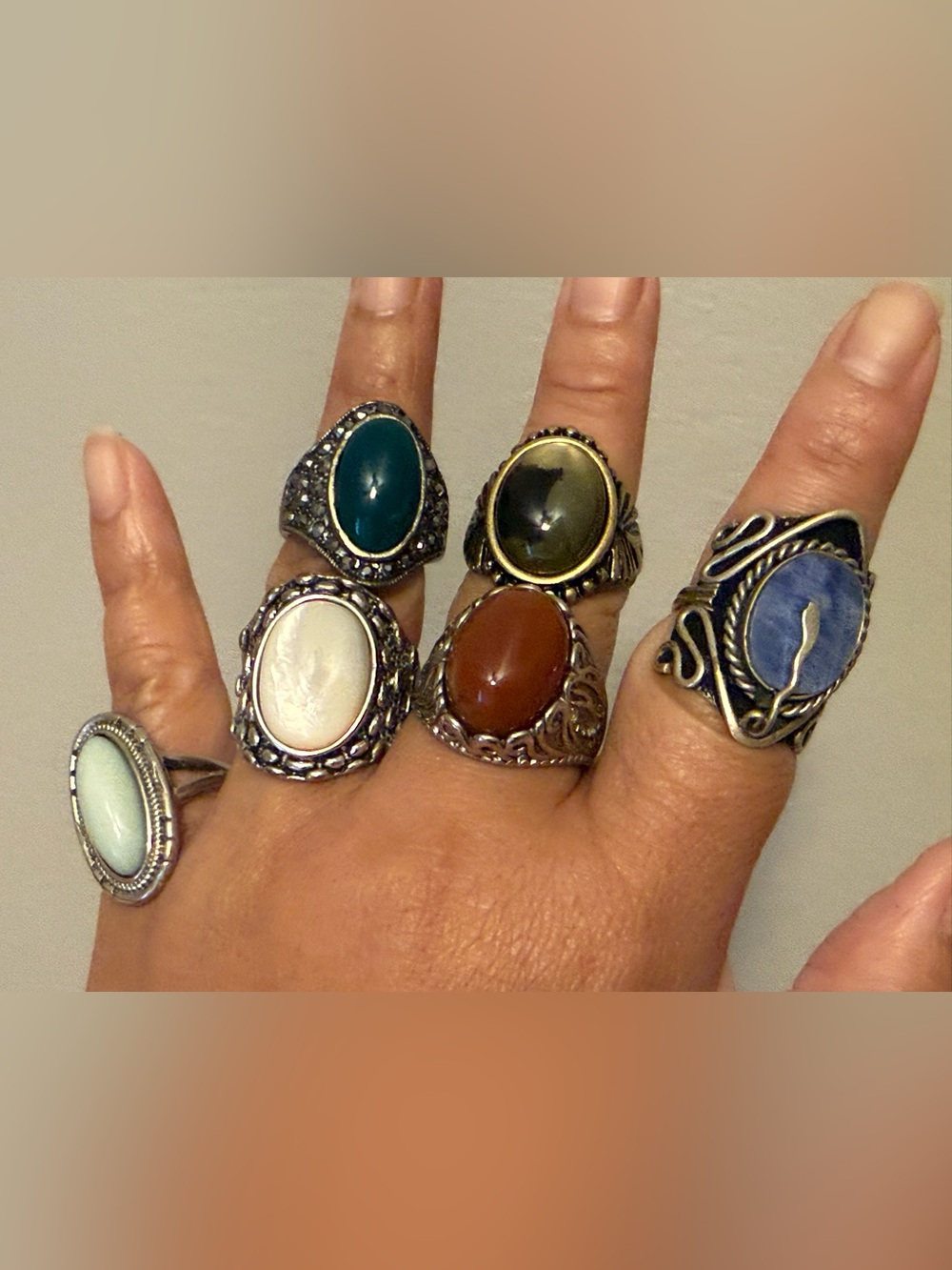 Elegant Mixed-Stone Ring Lot of 6 Set - Blue, Teal, White, Brown, Green